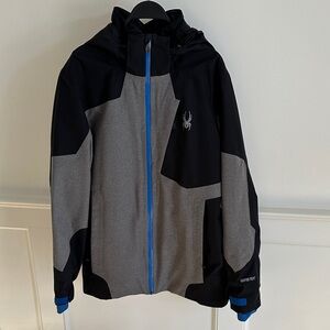 Spyder Men's Black and Gray Ski Jacket with Blue Trim